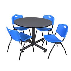 48 in. Round Breakroom Table- Grey, 4 M Stack Chairs- Blue