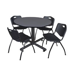 48 in. Round Breakroom Table- Grey, 4 M Stack Chairs- Black