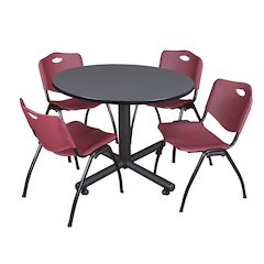 48 in. Round Breakroom Table- Grey, 4 M Stack Chairs- Burgundy