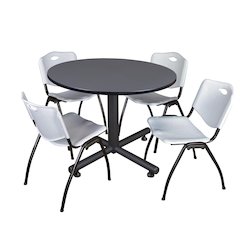 48 in. Round Breakroom Table- Grey, 4 M Stack Chairs- Grey