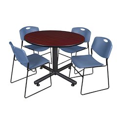 48 in. Round Breakroom Table- Mahogany, 4 Zeng Stack Chairs- Blue
