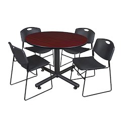 48 in. Round Breakroom Table- Mahogany, 4 Zeng Stack Chairs- Black