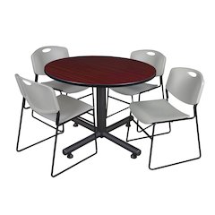 48 in. Round Breakroom Table- Mahogany, 4 Zeng Stack Chairs- Grey