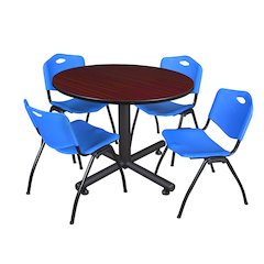 48 in. Round Breakroom Table- Mahogany, 4 M Stack Chairs- Blue