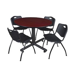 48 in. Round Breakroom Table- Mahogany, 4 M Stack Chairs- Black