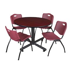 48 in. Round Breakroom Table- Mahogany, 4 M Stack Chairs- Burgundy
