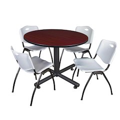 48 in. Round Breakroom Table- Mahogany, 4 M Stack Chairs- Grey