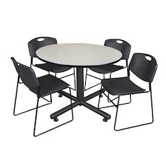 48 in. Round Breakroom Table- Maple, 4 Zeng Stack Chairs- Black