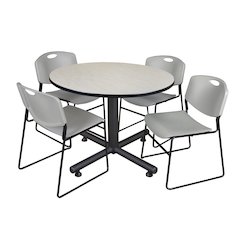 48 in. Round Breakroom Table- Maple, 4 Zeng Stack Chairs- Grey