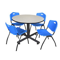 48 in. Round Breakroom Table- Maple, 4 M Stack Chairs- Blue