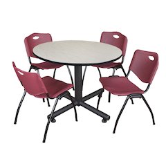 48 in. Round Breakroom Table- Maple, 4 M Stack Chairs- Burgundy