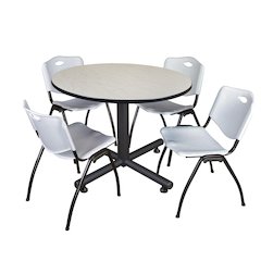 48 in. Round Breakroom Table- Maple, 4 M Stack Chairs- Grey