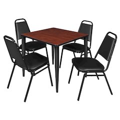 30 Square Breakroom Table- Cherry Top, Black Base & 4 Stack Chairs- Black