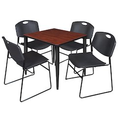 30 Square Breakroom Table- Cherry Top, Black Base & 4 Zeng Stack Chairs- Black