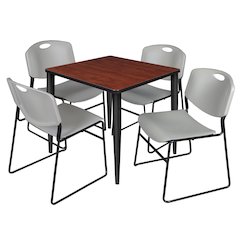 30 Square Breakroom Table- Cherry Top, Black Base & 4 Zeng Stack Chairs- Grey
