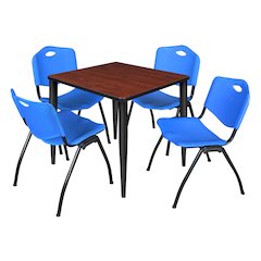 30 in. Square Breakroom Table- Cherry Top, Black Base & 4 M Stack Chairs- Blue