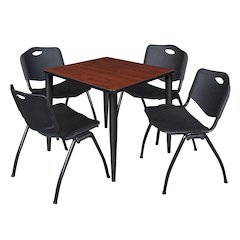 30 in. Square Breakroom Table- Cherry Top, Black Base & 4 M Stack Chairs- Black