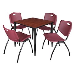 30 Square Breakroom Table- Cherry Top, Black Base & 4 M Stack Chairs- Burgundy