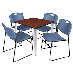 30 Square Breakroom Table- Cherry Top, Chrome Base & 4 Zeng Stack Chairs- Blue