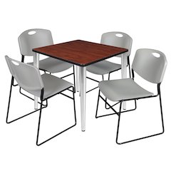 30 Square Breakroom Table- Cherry Top, Chrome Base & 4 Zeng Stack Chairs- Grey
