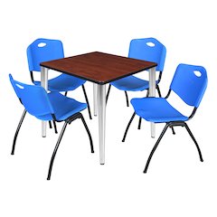 30 in. Square Breakroom Table- Cherry Top, Chrome Base & 4 M Stack Chairs- Blue