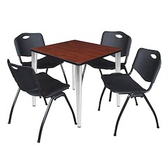 30 in. Square Breakroom Table- Cherry Top, Chrome Base & 4 M Stack Chairs- Black