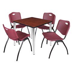 30 Square Breakroom Table- Cherry Top, Chrome Base & 4 M Stack Chairs- Burgundy