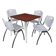 30 in. Square Breakroom Table- Cherry Top, Chrome Base & 4 M Stack Chairs- Grey