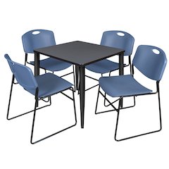 30 in. Square Breakroom Table- Grey Top, Black Base & 4 Zeng Stack Chairs- Blue