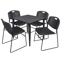 30 in. Square Breakroom Table- Grey Top, Black Base & 4 Zeng Stack Chairs- Black