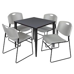 30 in. Square Breakroom Table- Grey Top, Black Base & 4 Zeng Stack Chairs- Grey