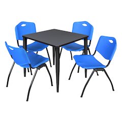 30 in. Square Breakroom Table- Grey Top, Black Base & 4 M Stack Chairs- Blue