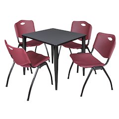 30 in. Square Breakroom Table- Grey Top, Black Base & 4 M Stack Chairs- Burgundy