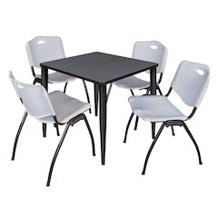 30 in. Square Breakroom Table- Grey Top, Black Base & 4 M Stack Chairs- Grey