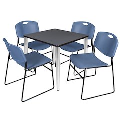30 in. Square Breakroom Table- Grey Top, Chrome Base & 4 Zeng Stack Chairs- Blue