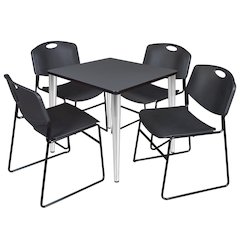30 Square Breakroom Table- Grey Top, Chrome Base & 4 Zeng Stack Chairs- Black
