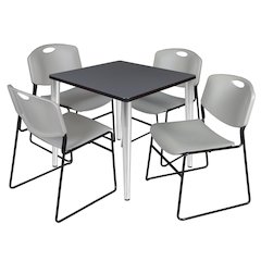 30 in. Square Breakroom Table- Grey Top, Chrome Base & 4 Zeng Stack Chairs- Grey
