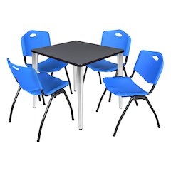 30 in. Square Breakroom Table- Grey Top, Chrome Base & 4 M Stack Chairs- Blue