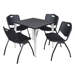 30 in. Square Breakroom Table- Grey Top, Chrome Base & 4 M Stack Chairs- Black