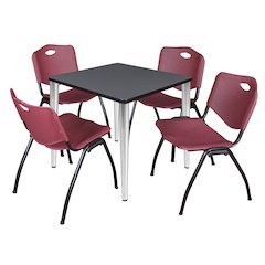 30 Square Breakroom Table- Grey Top, Chrome Base & 4 M Stack Chairs- Burgundy