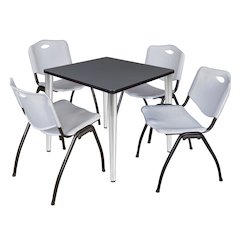 30 in. Square Breakroom Table- Grey Top, Chrome Base & 4 M Stack Chairs- Grey