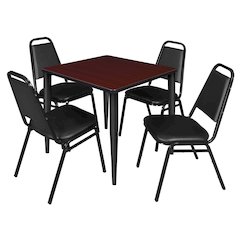 30 Square Breakroom Table- Mahogany Top, Black Base & 4 Stack Chairs- Black