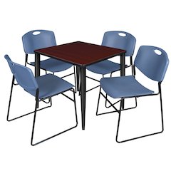 30 Square Breakroom Table- Mahogany Top, Black Base & 4 Zeng Stack Chairs- Blue