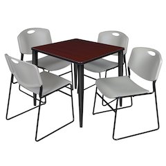 30 Square Breakroom Table- Mahogany Top, Black Base & 4 Zeng Stack Chairs- Grey
