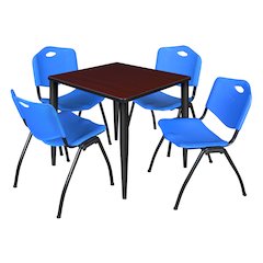 30 in. Square Breakroom Table- Mahogany Top, Black Base & 4 M Stack Chairs- Blue