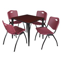 30 Square Breakroom Table- Mahogany Top, Black Base & 4 M Stack Chairs- Burgundy