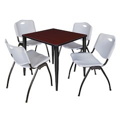 30 in. Square Breakroom Table- Mahogany Top, Black Base & 4 M Stack Chairs- Grey