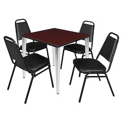 30 Square Breakroom Table- Mahogany Top, Chrome Base & 4 Stack Chairs- Black