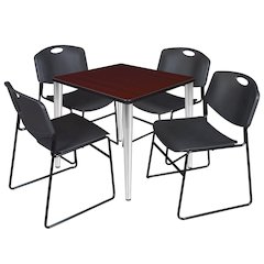 30 Square Breakroom Table- Mahogany Top, Chrome Base & 4 Stack Chairs- Black