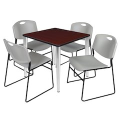 30 Square Breakroom Table- Mahogany Top, Chrome Base & 4 Zeng Stack Chairs- Grey